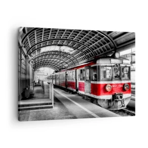 Quadro su tela - Stampe su Tela - Trenino rosso alla stazione sotto un tetto - 70x50cm - Sarà il viaggio della propria vita? - Decorazione murale moderna per soggiorno e camera da letto ARTTOR
