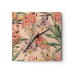 Orologio da parete - Orologio in Vetro - Fenicotteri e fiori tropicali su uno sfondo chiaro - 30x30cm - Un ballo rosa nei fiori - Decorazione murale moderna per soggiorno e camera da letto ARTTOR