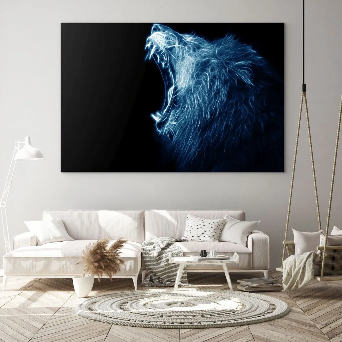 Quadro su vetro - Una suggestiva rappresentazione al neon di un leone ruggente su sfondo nero. - 120x80cm - La rabbia infuocata del re - Decorazione murale moderna per soggiorno e camera da letto ARTTOR
