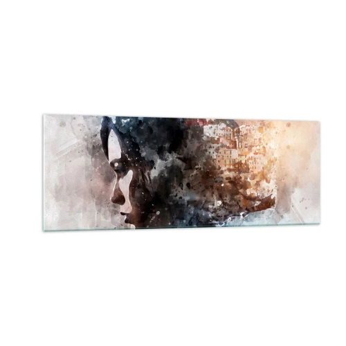 Quadro su vetro - Ritratto di una donna che combina il suo viso con un paesaggio urbano sullo sfondo - 140x50cm - Racconto su una ragazza con città sullo sfondo - Decorazione murale moderna per soggiorno e camera da letto ARTTOR