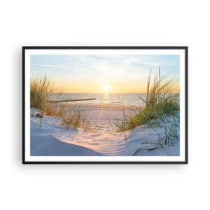Poster in cornice nera - Una spiaggia sabbiosa con vista sul tramonto sul mare - 100x70cm - Rumore del mare, uccelli che cantano, spiaggia selvatica tra i cespugli... - Decorazione murale moderna per soggiorno e camera da letto ARTTOR