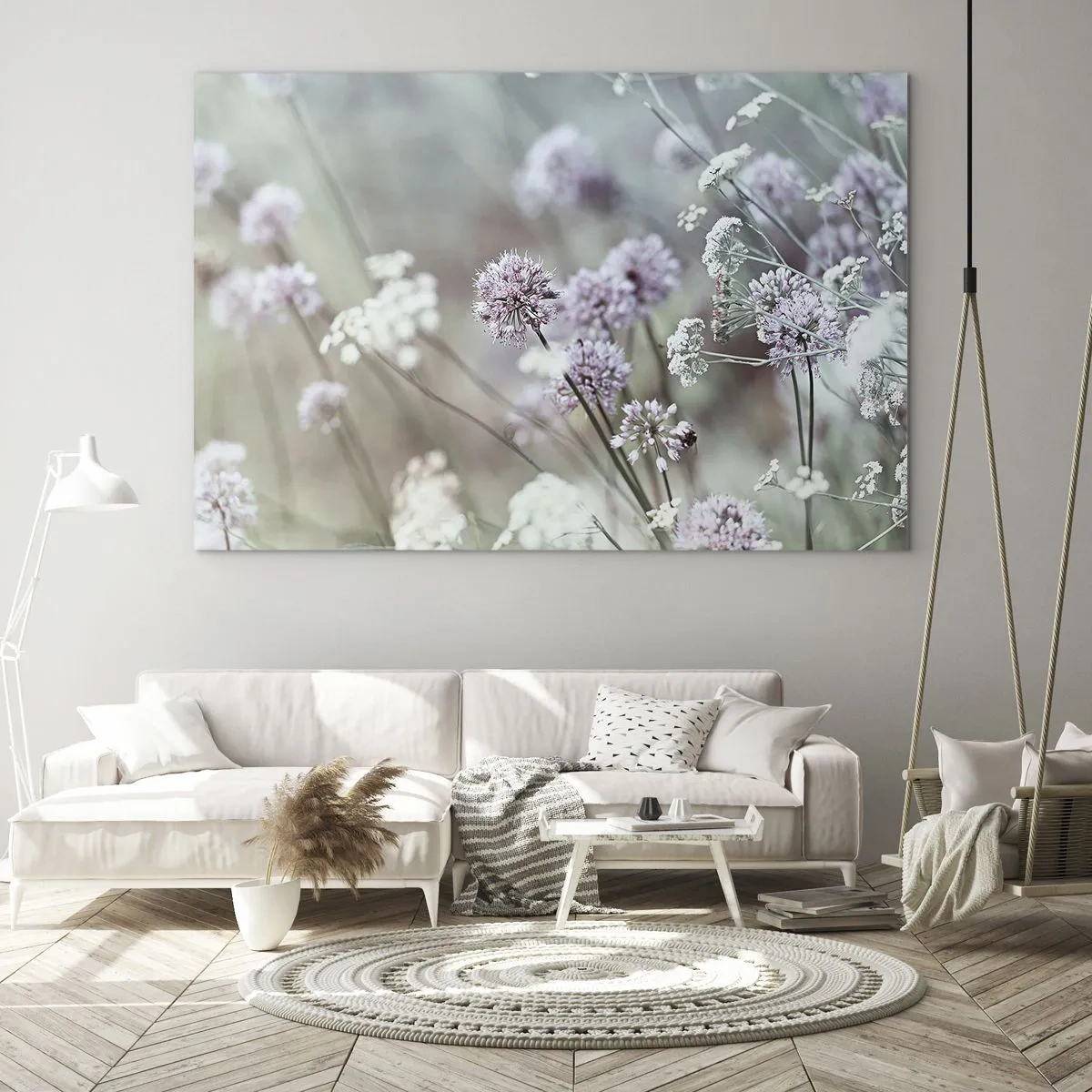 Quadro su vetro - Delicati fiori selvatici in tonalità pastello - 120x80cm - Le dolci filigrane delle erbe - Decorazione murale moderna per soggiorno e camera da letto ARTTOR