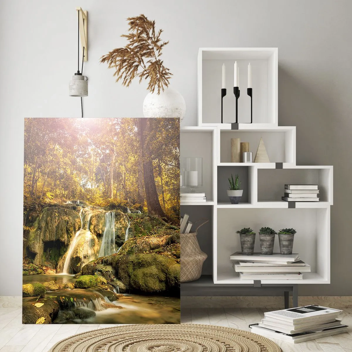 Quadro su vetro - Cascata nella foresta nel verde - 50x70cm - Cascata boschiva in verde - Decorazione murale moderna per soggiorno e camera da letto ARTTOR