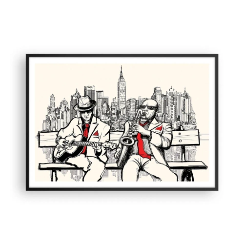 Poster in cornice nera - Un duo jazz con sassofono e chitarra sullo sfondo della città - 100x70cm - Improvvisare a New York - Decorazione murale moderna per soggiorno e camera da letto ARTTOR