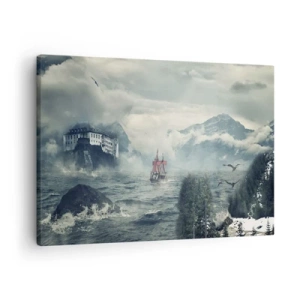 Quadro su tela - Stampe su Tela - Un paesaggio misterioso con un castello, montagne e una nave - 70x50cm - Sulle acque magiche - Decorazione murale moderna per soggiorno e camera da letto ARTTOR
