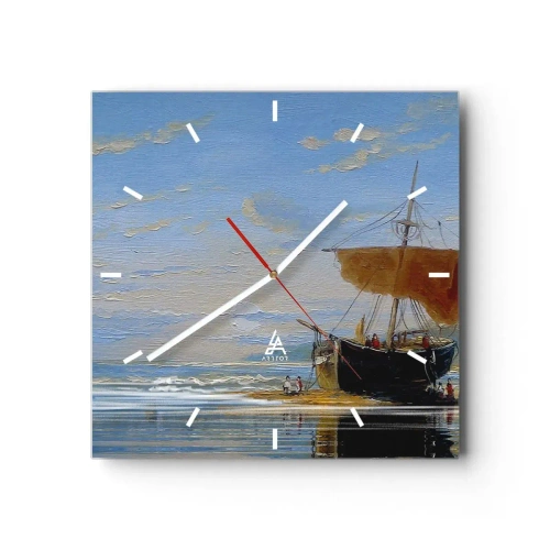 Orologio da parete - Orologio in Vetro - Una nave in riva al mare in una giornata di sole - 30x30cm - Acqua, terra, aria - Decorazione murale moderna per soggiorno e camera da letto ARTTOR
