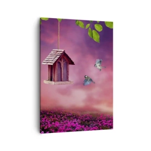 Quadro su tela - Stampe su Tela - Un paesaggio pittoresco con una casetta per gli uccelli e un tramonto - 50x70cm - Invito a cena - Decorazione murale moderna per soggiorno e camera da letto ARTTOR