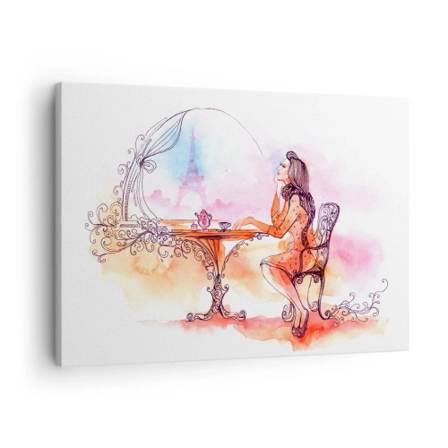 Quadro su tela - Stampe su Tela - Acquerello romantico di una donna in un caffè con vista su una torre - 70x50cm - Chic parigino - Decorazione murale moderna per soggiorno e camera da letto ARTTOR