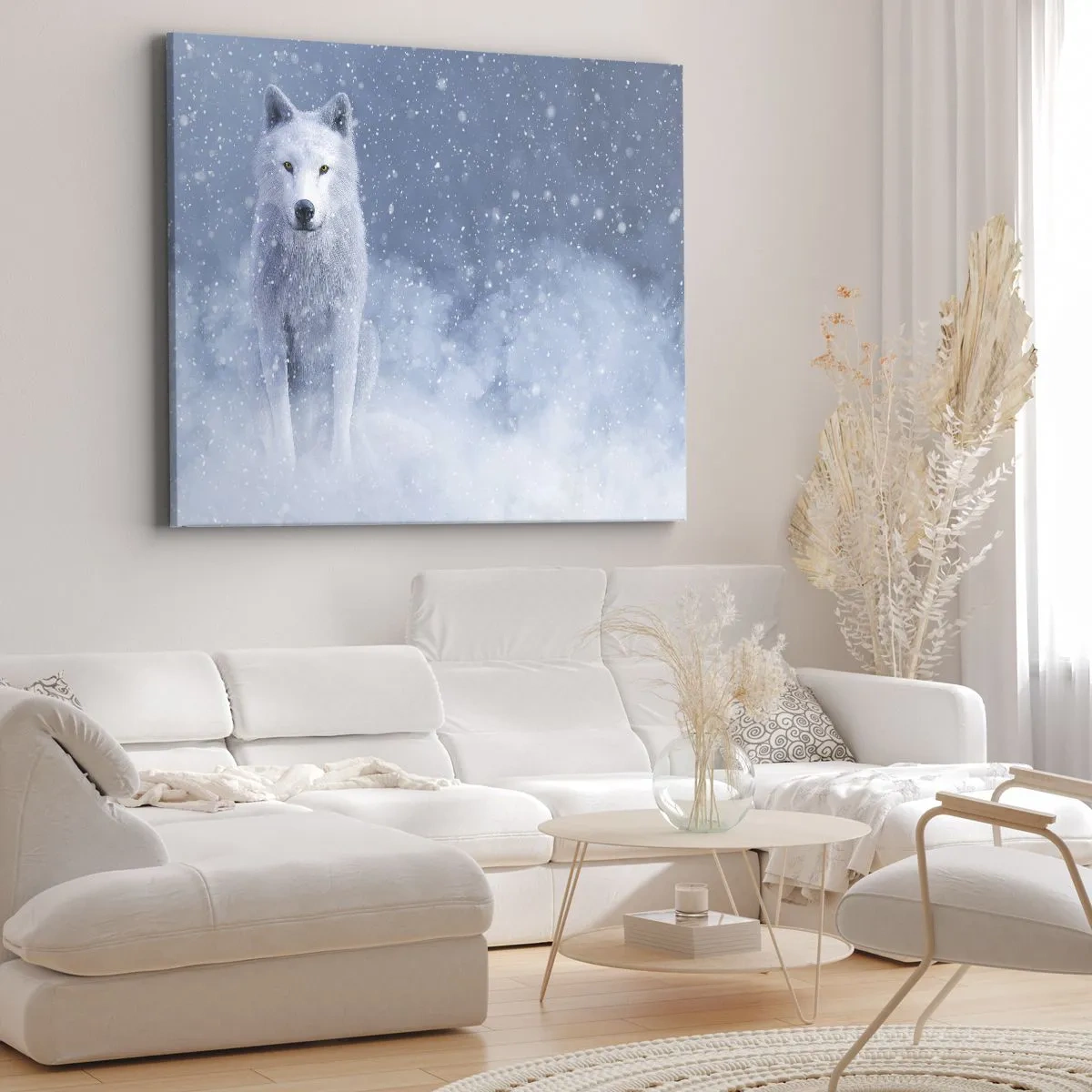 Quadro su tela - Stampe su Tela - Lupo bianco in uno scenario innevato - 100x70cm - Nello spirito dell'inverno - Decorazione murale moderna per soggiorno e camera da letto ARTTOR