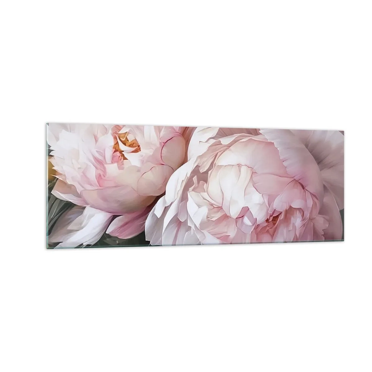 Quadro su vetro - Delicate peonie rosa in piena fioritura - 140x50cm - L'attimo della fioritura - Decorazione murale moderna per soggiorno e camera da letto ARTTOR