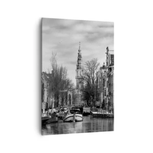 Quadro su tela - Stampe su Tela - Panorama in bianco e nero di Amsterdam con canale ed edifici storici - 70x100cm - Atmosfera di Amsterdam - Decorazione murale moderna per soggiorno e camera da letto ARTTOR