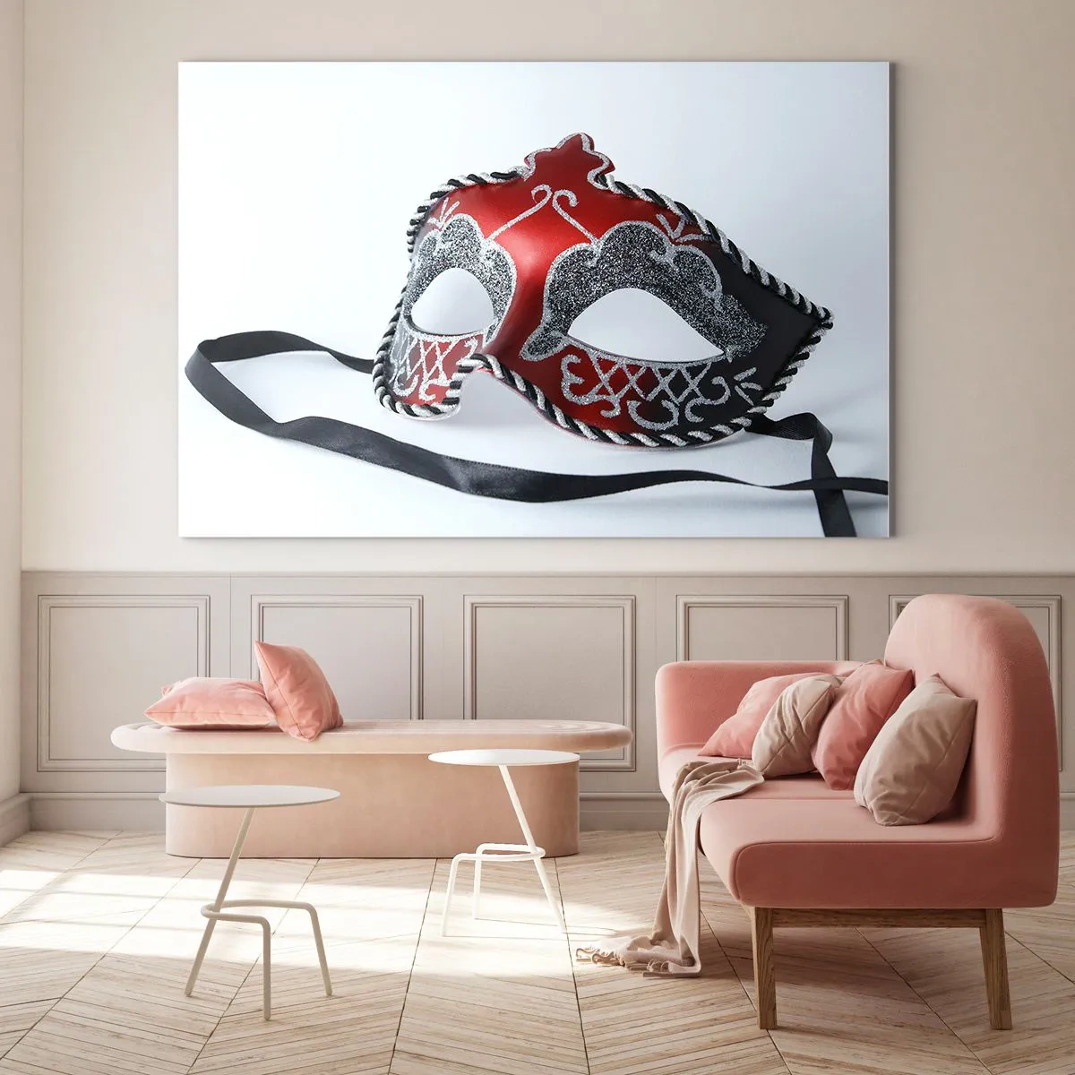Quadro su vetro - Maschera di carnevale in rosso e argento - 120x80cm - Invito al ballo - Decorazione murale moderna per soggiorno e camera da letto ARTTOR