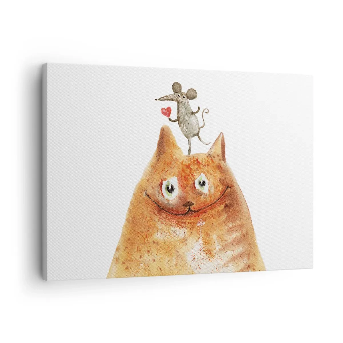Quadro su tela - Stampe su Tela - Un disegno di un gatto con un topo sulla testa che tiene un cuore - 70x50cm - I paradossi dell'amore - Decorazione murale moderna per soggiorno e camera da letto ARTTOR