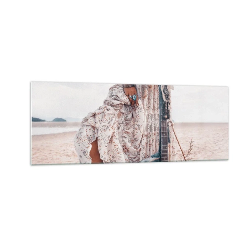 Quadro su vetro - Donna in stile boho con chitarra sulla spiaggia - 140x50cm - Figli dei fiori in cammino - Decorazione murale moderna per soggiorno e camera da letto ARTTOR