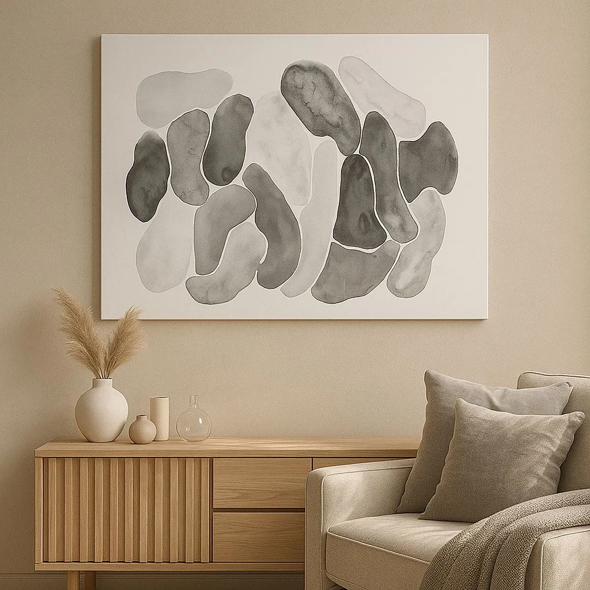 Quadro su tela - Stampe su Tela - Astrazione in bianco e nero con macchie irregolari su sfondo bianco - 70x50cm - Astrazione rocciosa - Decorazione murale moderna per soggiorno e camera da letto ARTTOR