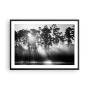 Poster in cornice nera - Foresta bianca e nera nella nebbia mattutina - 70x50cm - Sole irrefrenabile - Decorazione murale moderna per soggiorno e camera da letto ARTTOR