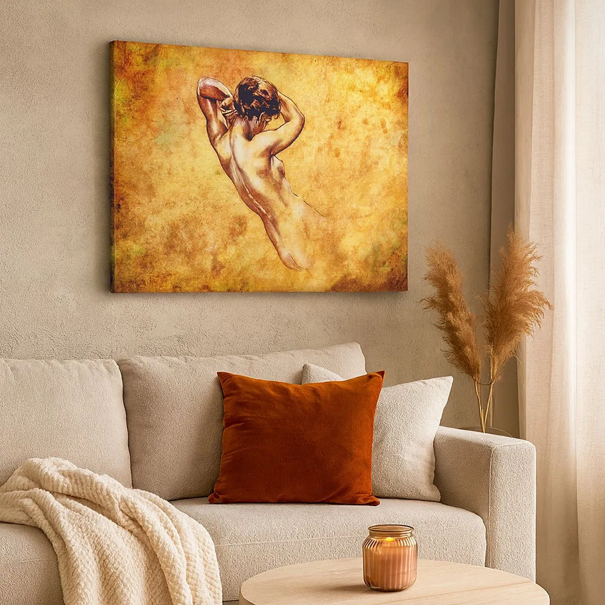 Quadro su tela - Stampe su Tela - Nudo femminile artistico su sfondo dorato in stile classico - 70x50cm - Nuda, ma sempre misteriosa - Decorazione murale moderna per soggiorno e camera da letto ARTTOR
