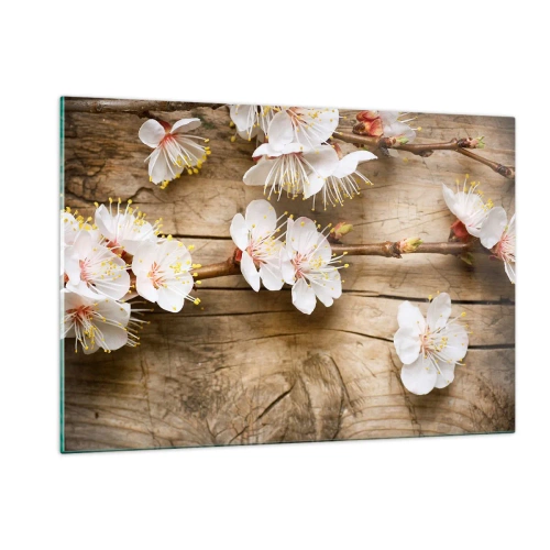 Quadro su vetro - Rami di ciliegi in fiore su uno sfondo di legno - 120x80cm - Ed è giunta la primavera - Decorazione murale moderna per soggiorno e camera da letto ARTTOR