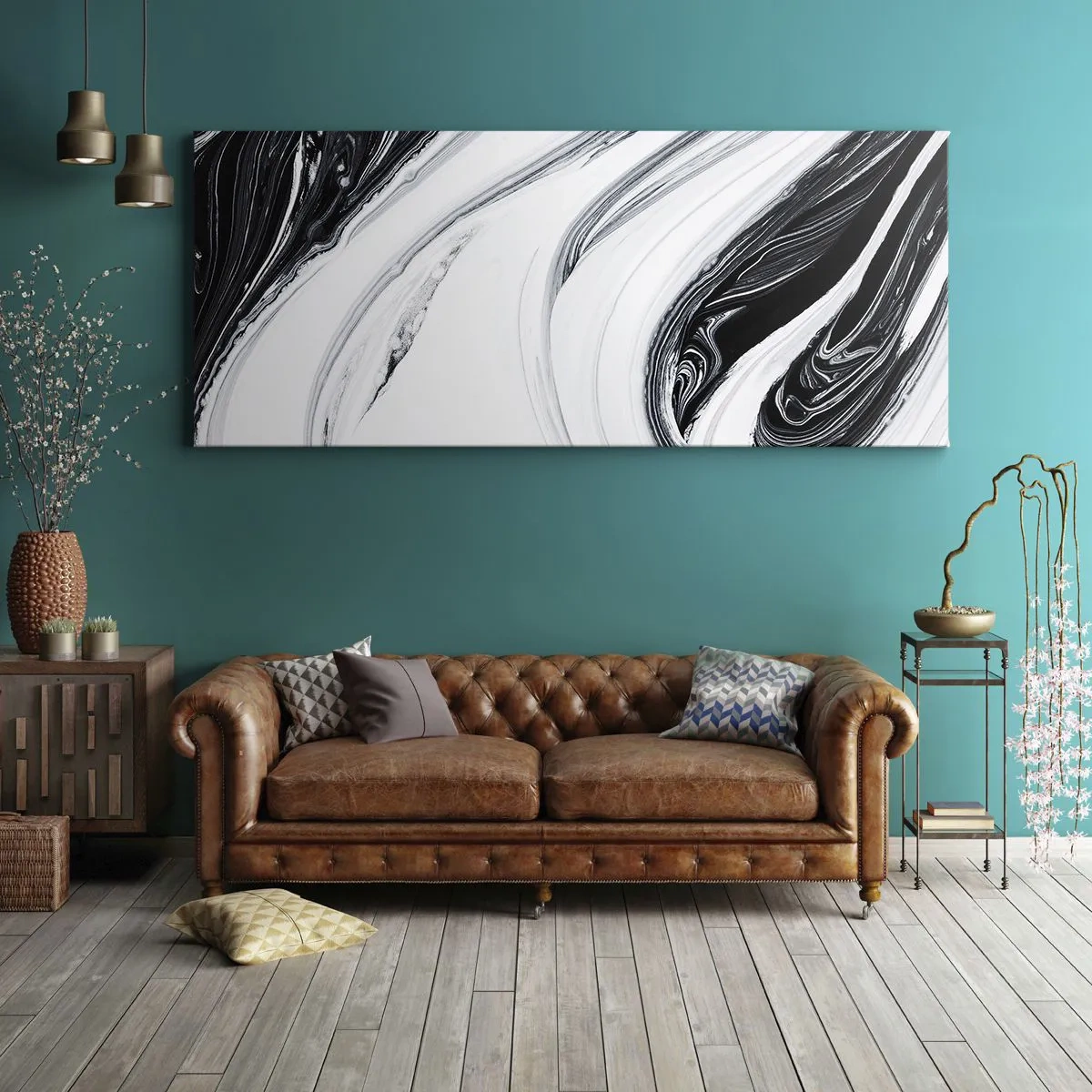Quadro su tela - Stampe su Tela - Astrazione in bianco e nero con linee dinamiche e vortici - 120x50cm - L'unione degli opposti - Decorazione murale moderna per soggiorno e camera da letto ARTTOR