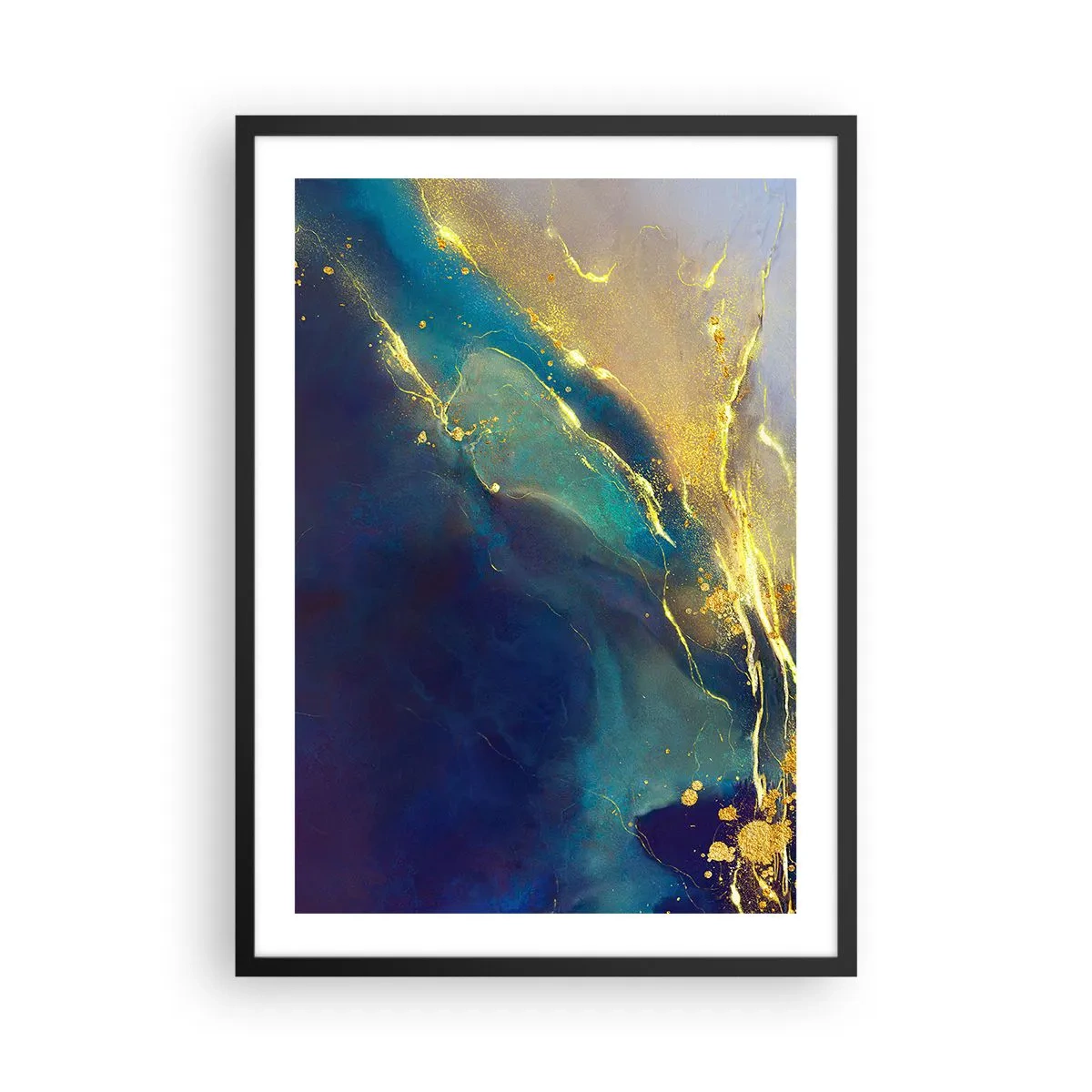 Poster in cornice nera - Una composizione astratta nei toni del blu navy e dell'oro - 50x70cm - La palude dorata - Decorazione murale moderna per soggiorno e camera da letto ARTTOR