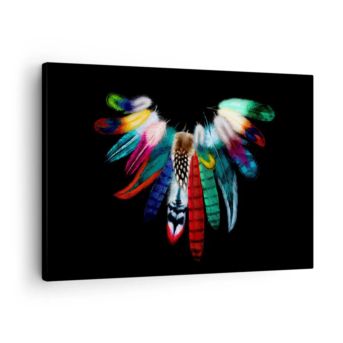 Quadro su tela - Stampe su Tela - Piume colorate su sfondo nero in una composizione artistica - 70x50cm - Collana indiana - Decorazione murale moderna per soggiorno e camera da letto ARTTOR