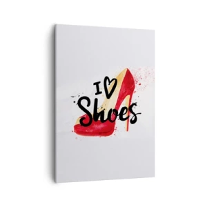 Quadro su tela - Stampe su Tela - Stiletto rosso con la scritta I love Shoes su sfondo bianco - 50x70cm - Gli amori sono tanti - Decorazione murale moderna per soggiorno e camera da letto ARTTOR
