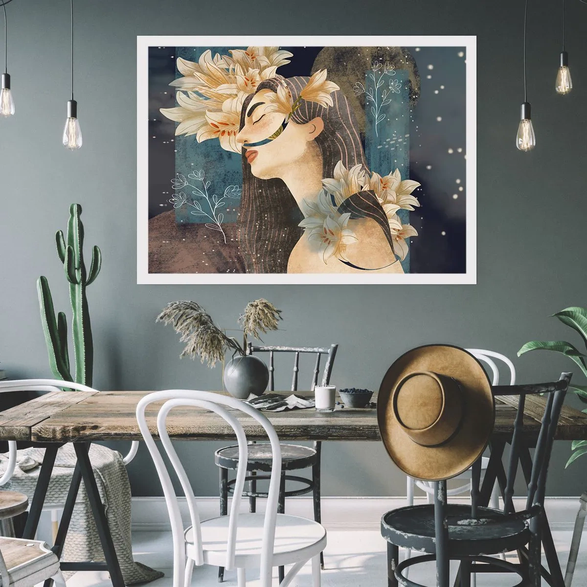 Poster - Ritratto di una donna con fiori in stile artistico su sfondo scuro - 100x70cm - La favola della principessa con i gigli - Decorazione murale moderna per soggiorno e camera da letto ARTTOR