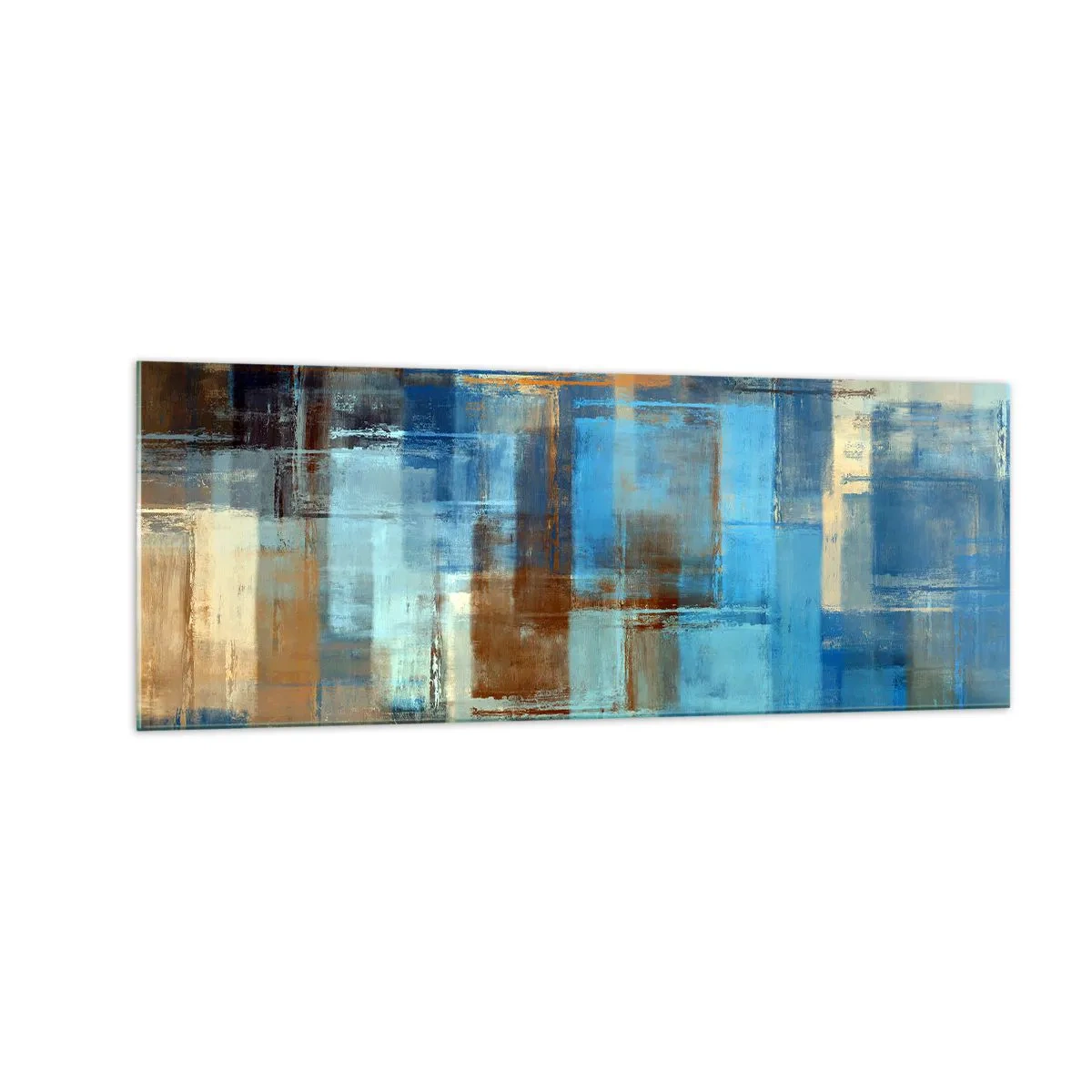 Quadro su vetro - Composizione geometrica astratta nei toni del blu e del marrone - 140x50cm - Attraverso la tenda blu - Decorazione murale moderna per soggiorno e camera da letto ARTTOR