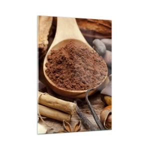 Quadro su vetro - Un cucchiaio di cacao circondato da cioccolato, spezie e noci - 50x70cm - Ideale per i momenti di tristezza - Decorazione murale moderna per soggiorno e camera da letto ARTTOR
