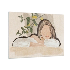 Quadro su vetro - Una donna appoggiata a un tavolo tra i rami di un albero di limone, il suo viso è senza tratti somatici. - 70x50cm - Bellezza del sud - Decorazione murale moderna per soggiorno e camera da letto ARTTOR