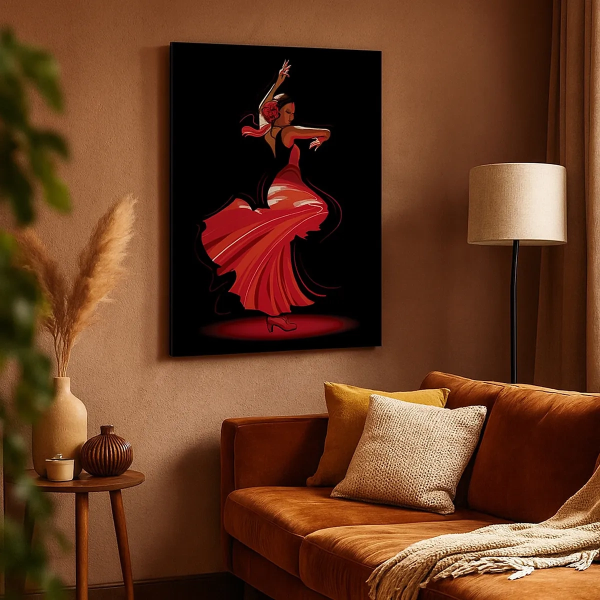 Quadro su tela - Stampe su Tela - Ballerina di flamenco in abito rosso su sfondo nero - 50x70cm - Lo spirito focoso del flamenco - Decorazione murale moderna per soggiorno e camera da letto ARTTOR