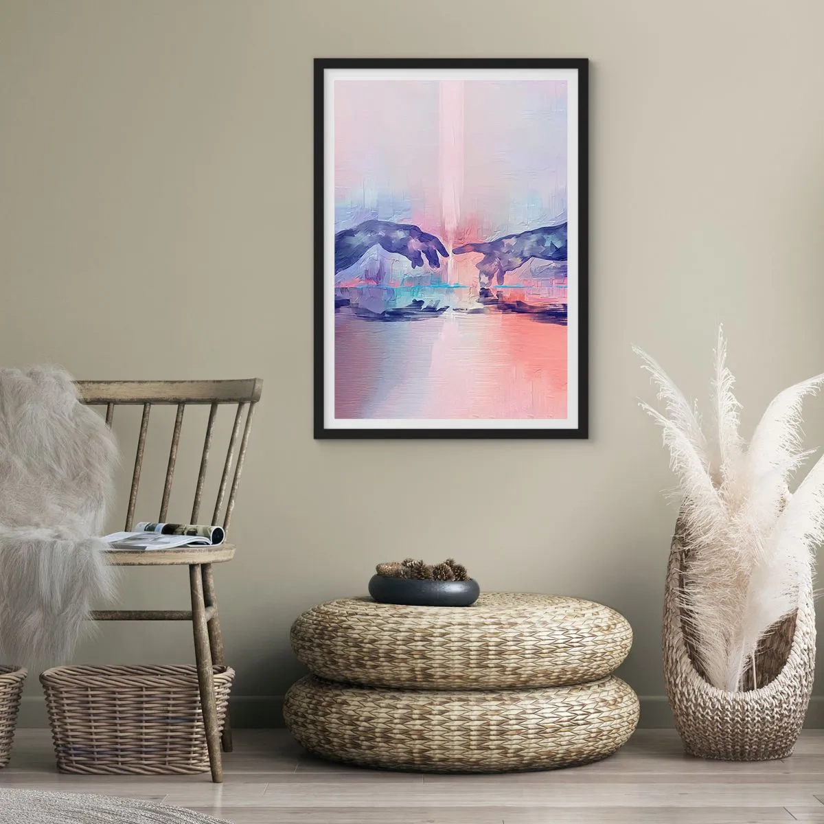 Poster in cornice nera - Mani astratte in colori pastello - 50x70cm - La scintilla divina della vita - Decorazione murale moderna per soggiorno e camera da letto ARTTOR