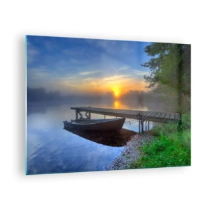 Quadro su vetro - Una barca al molo all'alba sul lago - 70x50cm - Come la normalità diventa magica - Decorazione murale moderna per soggiorno e camera da letto ARTTOR