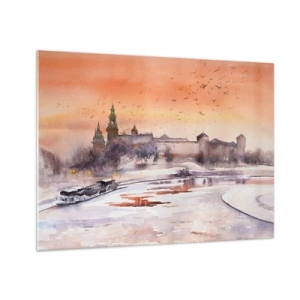 Quadro su vetro - Tramonto sul castello reale e sul fiume in inverno - 70x50cm - Tramonto reale - Decorazione murale moderna per soggiorno e camera da letto ARTTOR