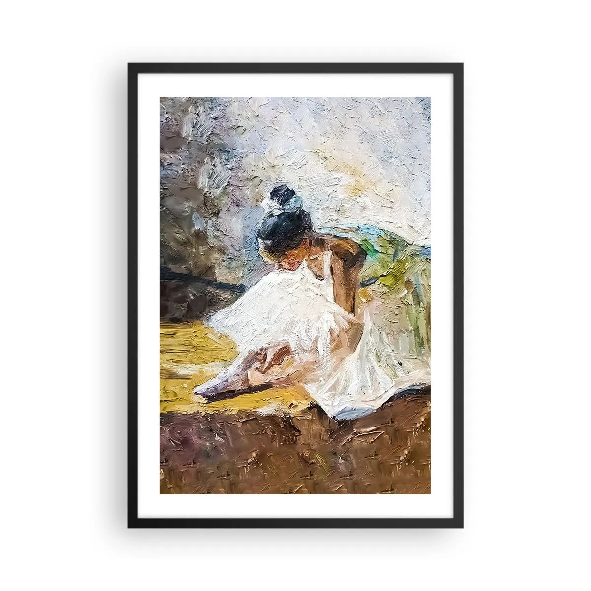 Poster in cornice nera - Una ballerina in abito bianco è appoggiata a uno sfondo pittorico. - 50x70cm - Dal quadro di Degas - Decorazione murale moderna per soggiorno e camera da letto ARTTOR