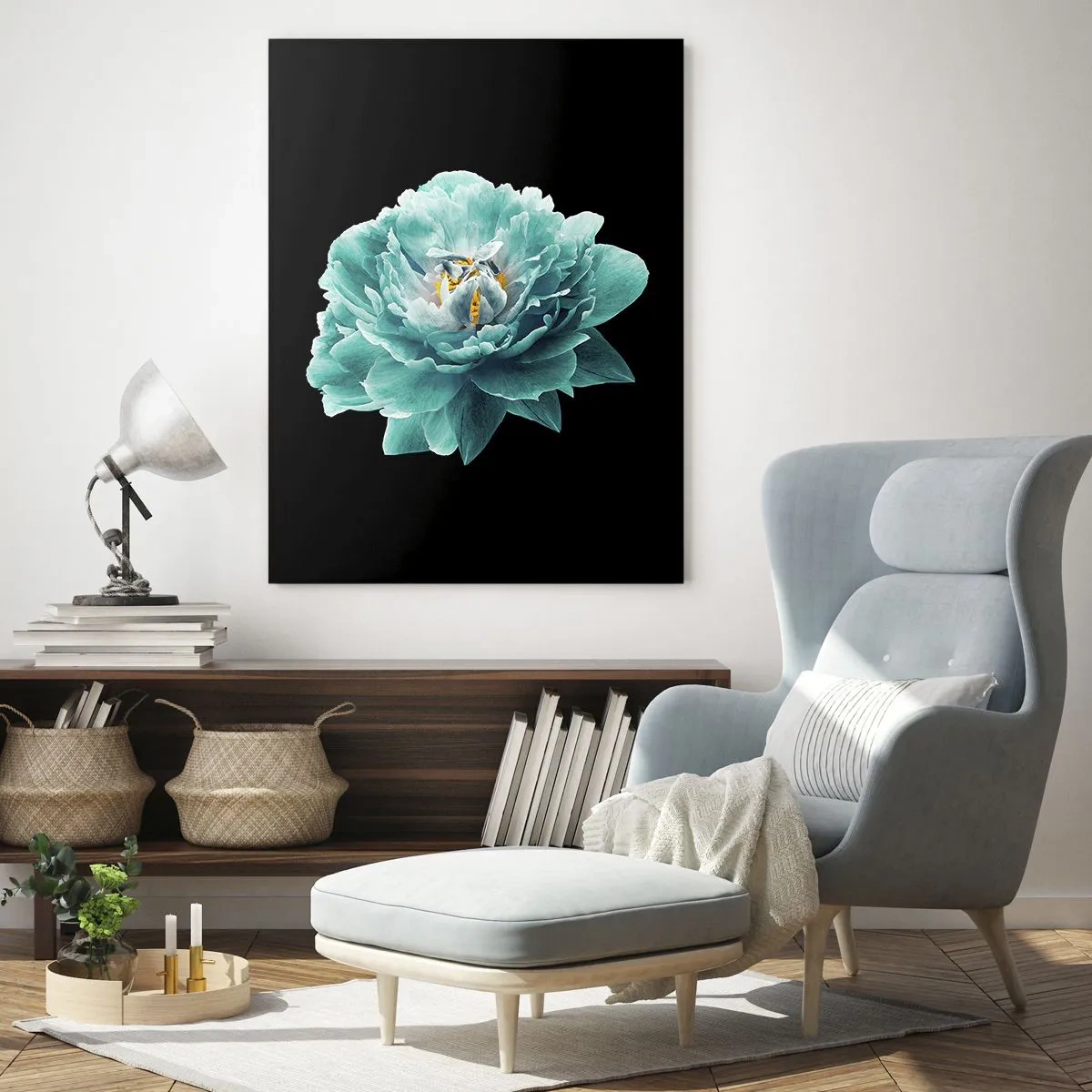 Quadro su vetro - Fiore di peonia turchese su sfondo nero - 80x120cm - Petali blu e oro - Decorazione murale moderna per soggiorno e camera da letto ARTTOR