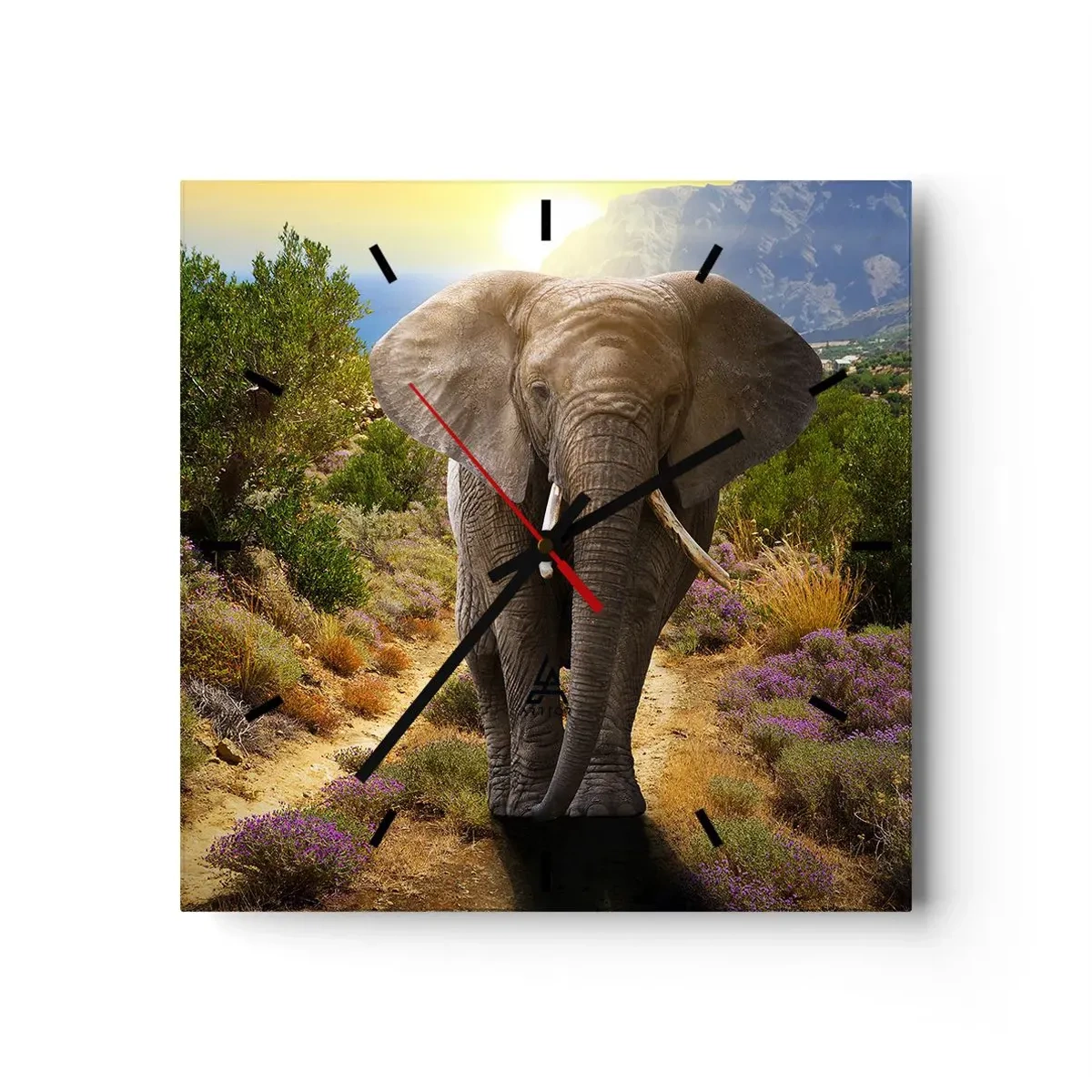 Orologio da parete - Orologio in Vetro - Un elefante africano sullo sfondo di una savana e di un paesaggio montuoso - 30x30cm - Così era il paradiso - Decorazione murale moderna per soggiorno e camera da letto ARTTOR