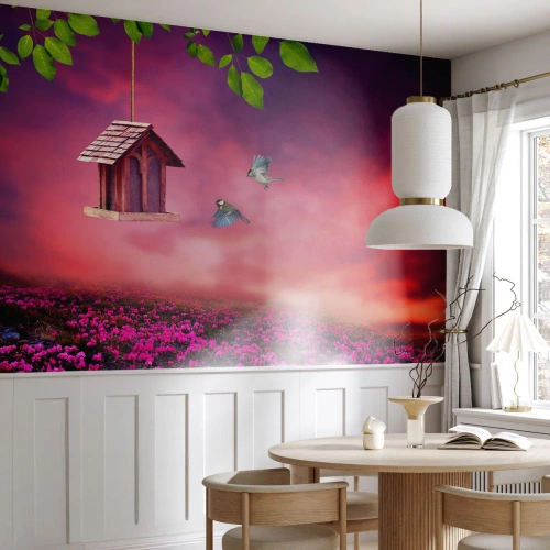Fotomurali Autoadesivo Deluxe Sticker - Invito a cena - Paesaggio, Fiori, Casetta per gli uccelli - 100x70 cm