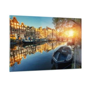 Quadro su vetro - Canale di Amsterdam al tramonto - 120x80cm - L'alba ad Amsterdam - Decorazione murale moderna per soggiorno e camera da letto ARTTOR