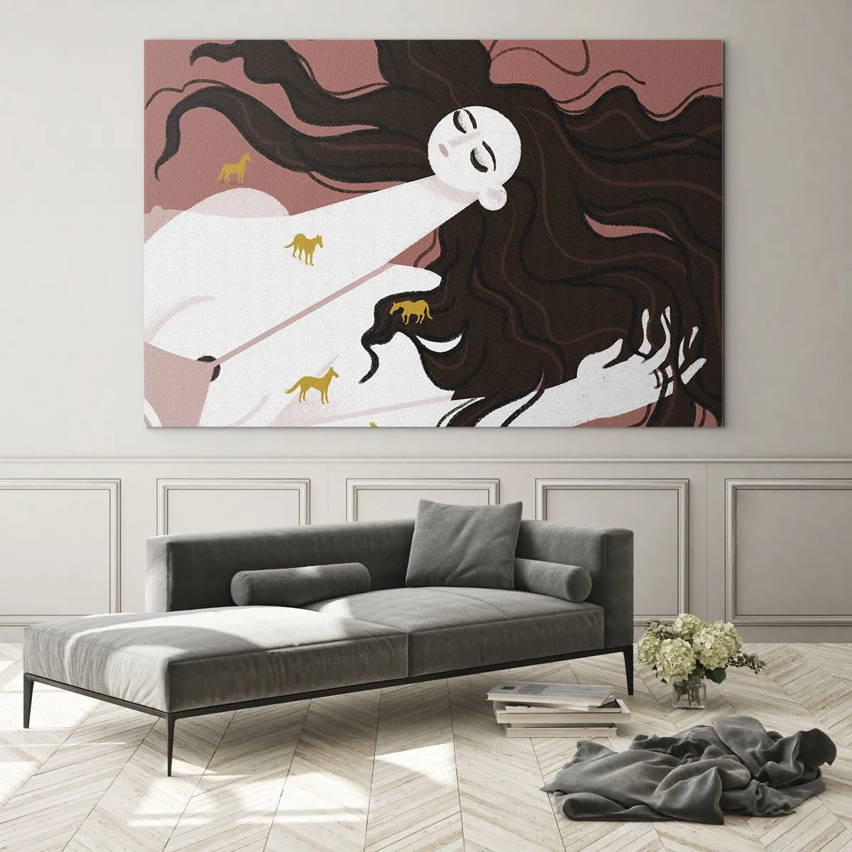 Quadro su vetro - Una donna con i capelli lunghi e cavalli dorati su sfondo rosa. - 70x50cm - Il sogno del cavallo d'oro - Decorazione murale moderna per soggiorno e camera da letto ARTTOR