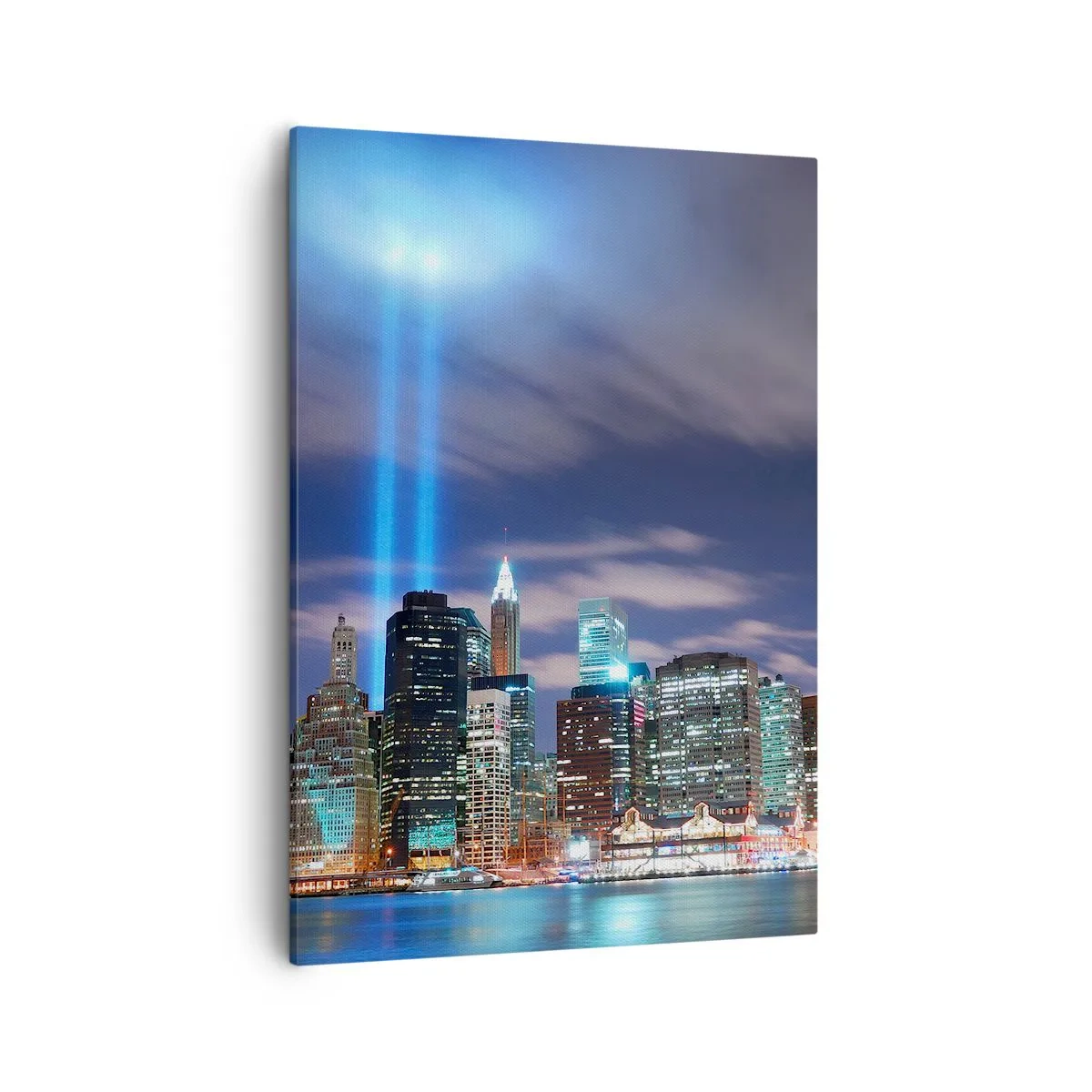 Quadro su tela - Stampe su Tela - Panorama notturno della città con due fasci di luce luminosi nel cielo - 50x70cm - Toccare il cielo con la luce - Decorazione murale moderna per soggiorno e camera da letto ARTTOR