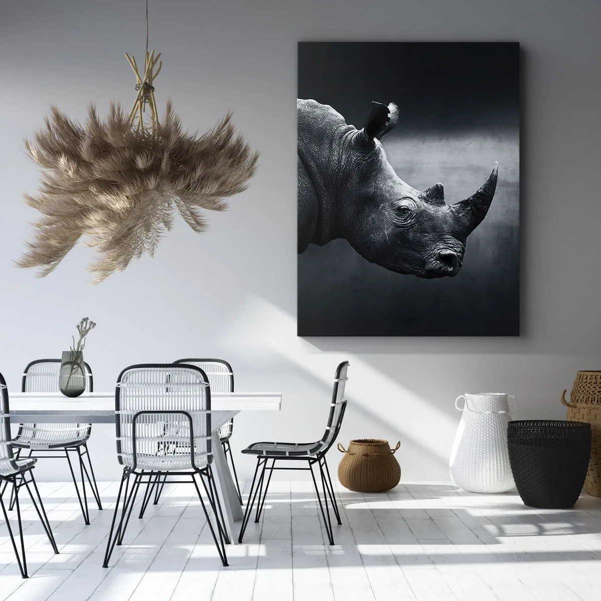 Quadro su tela - Stampe su Tela - Ritratto in bianco e nero di un rinoceronte su sfondo scuro - 50x70cm - Profilo destro - Decorazione murale moderna per soggiorno e camera da letto ARTTOR