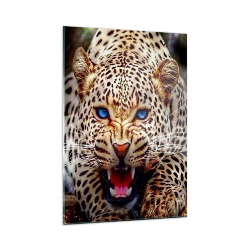 Quadro su vetro - Un feroce leopardo dagli occhi azzurri in natura - 50x70cm - La rabbia non rovina la bellezza - Decorazione murale moderna per soggiorno e camera da letto ARTTOR