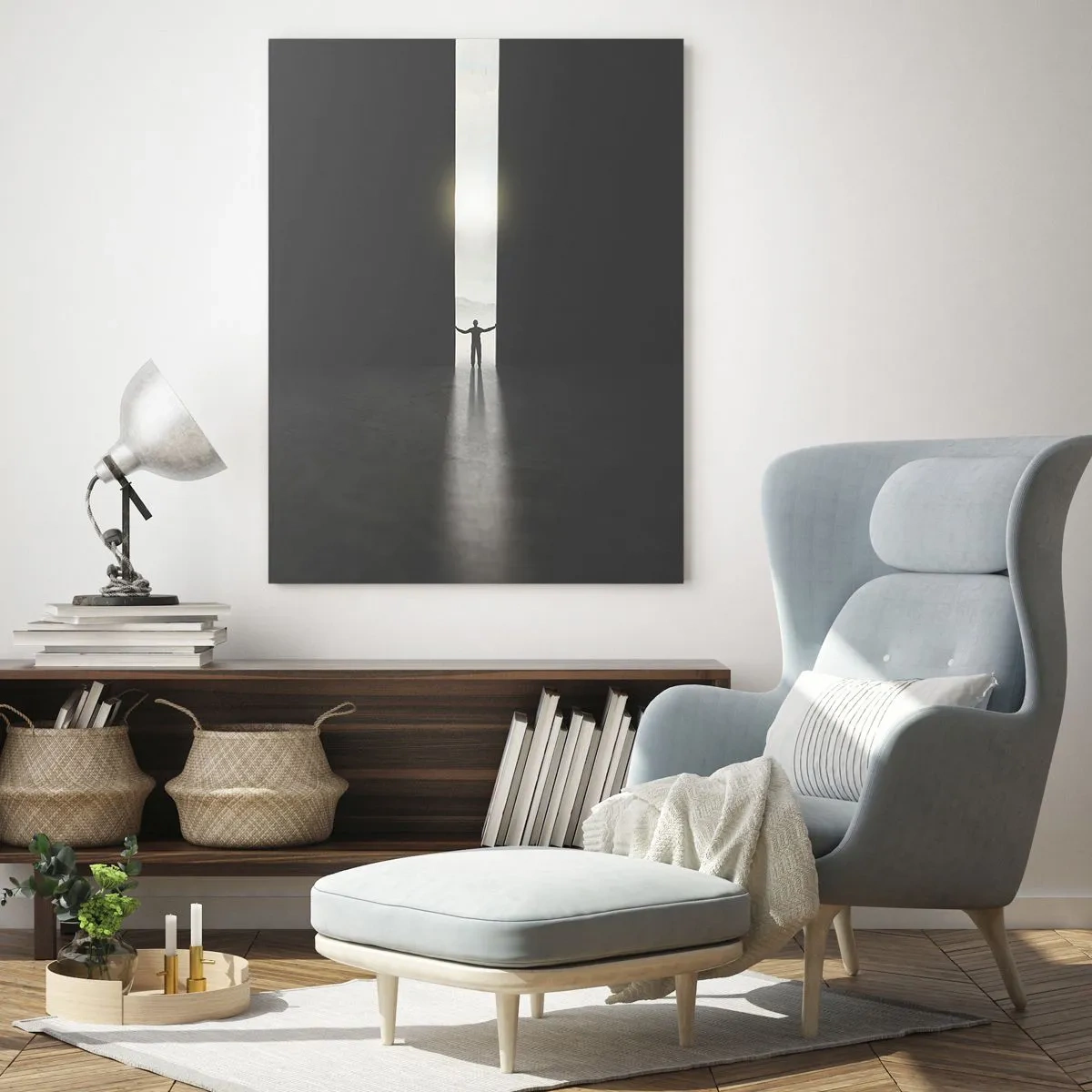 Quadro su vetro - Un uomo in piedi alla luce di una stretta fessura in uno spazio buio - 70x100cm - Un passo verso un chiaro futuro - Decorazione murale moderna per soggiorno e camera da letto ARTTOR