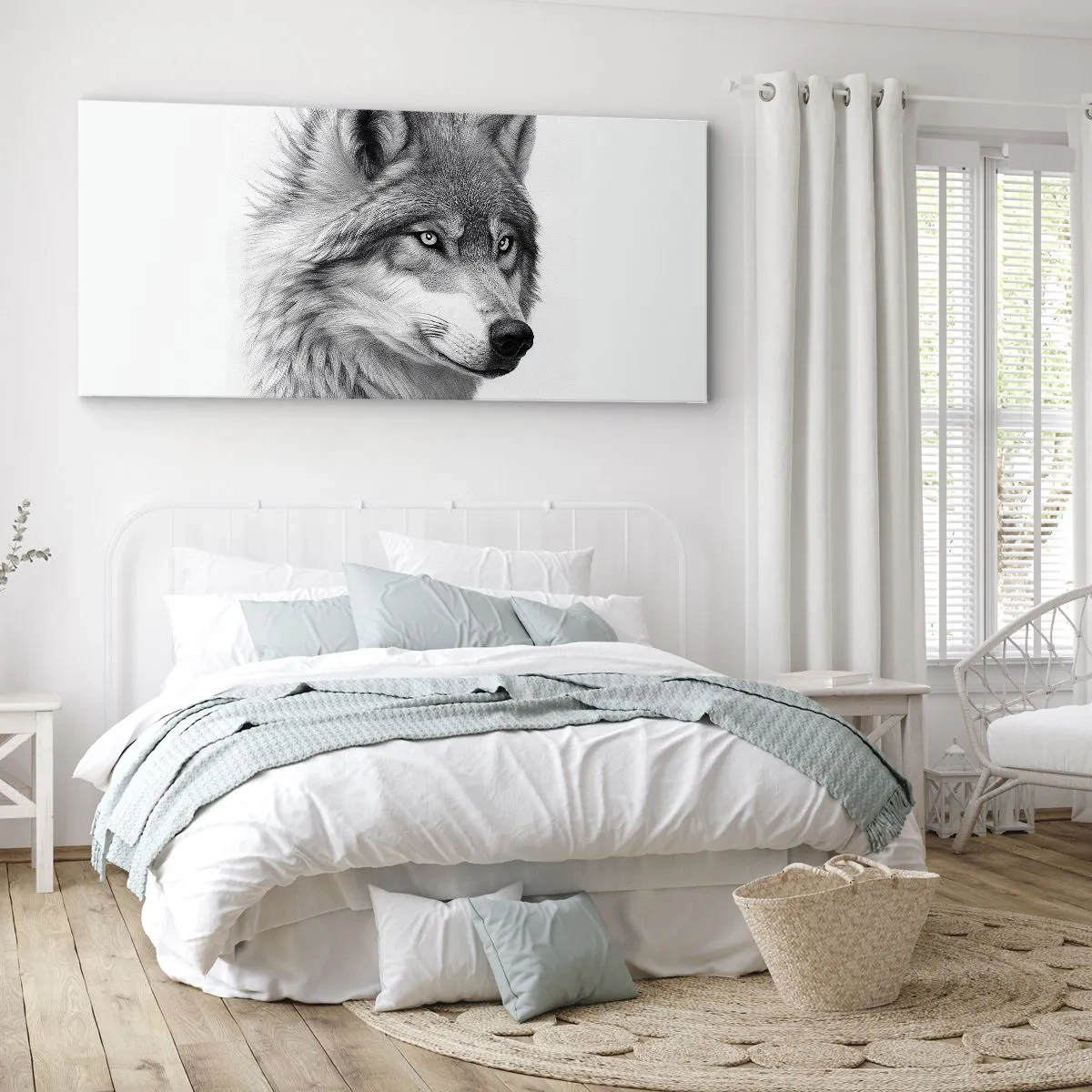Quadro su tela - Stampe su Tela - Un ritratto realistico di un lupo in tonalità di grigio. - 160x50cm - Alfa, senza dubbio - Decorazione murale moderna per soggiorno e camera da letto ARTTOR