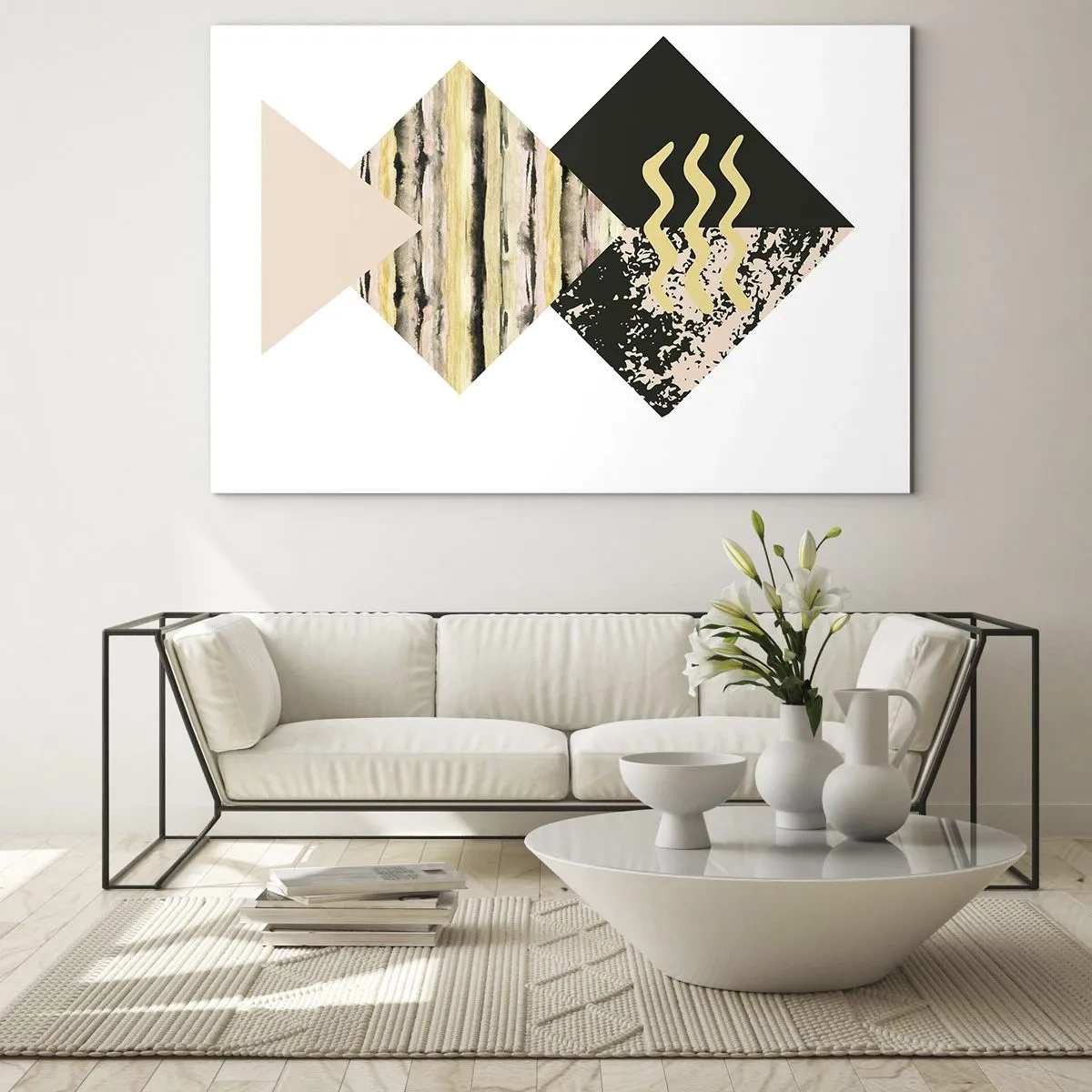 Quadro su vetro - Composizione geometrica astratta con triangoli e texture - 100x70cm - Non è così facile - Decorazione murale moderna per soggiorno e camera da letto ARTTOR