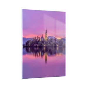 Quadro su vetro - Una chiesa su un'isola con montagne e un tramonto sullo sfondo - 50x70cm - Isola favolosa al crepuscolo - Decorazione murale moderna per soggiorno e camera da letto ARTTOR