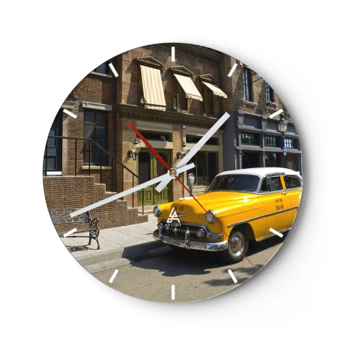 Orologio da parete - Orologio in Vetro - Un taxi giallo davanti a un edificio elegante - 30x30cm - Tanto tempo fa in America - Decorazione murale moderna per soggiorno, cucina e camera da letto ARTTOR