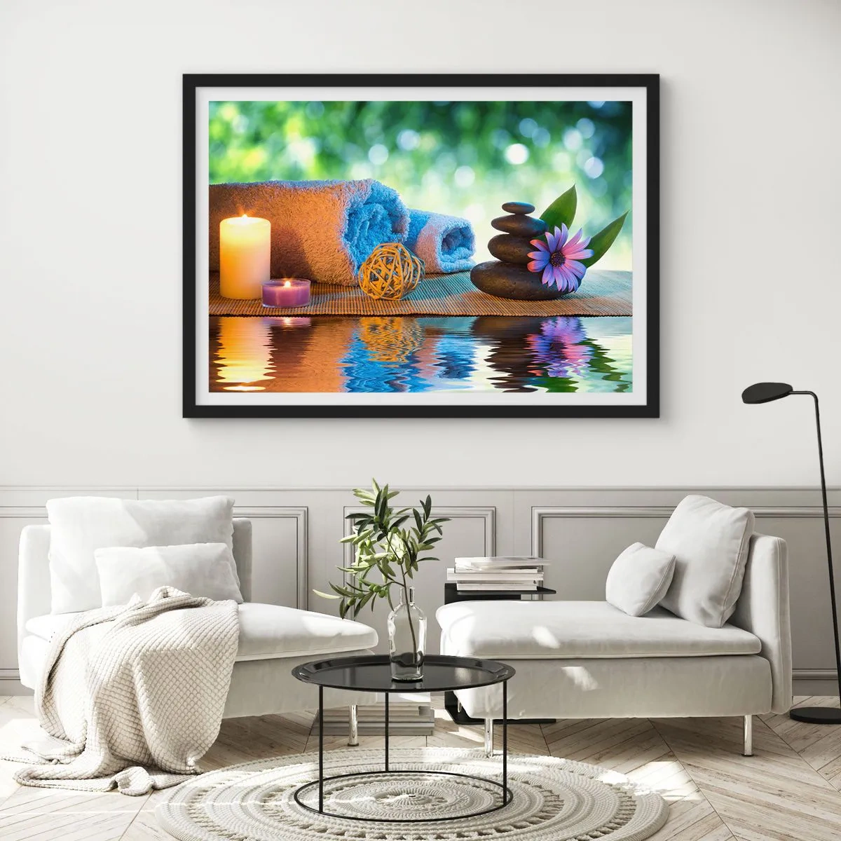 Poster in cornice nera - Set SPA rilassante con asciugamani, candele e pietre - 70x50cm - Tempo per il corpo - Decorazione murale moderna per soggiorno e camera da letto ARTTOR