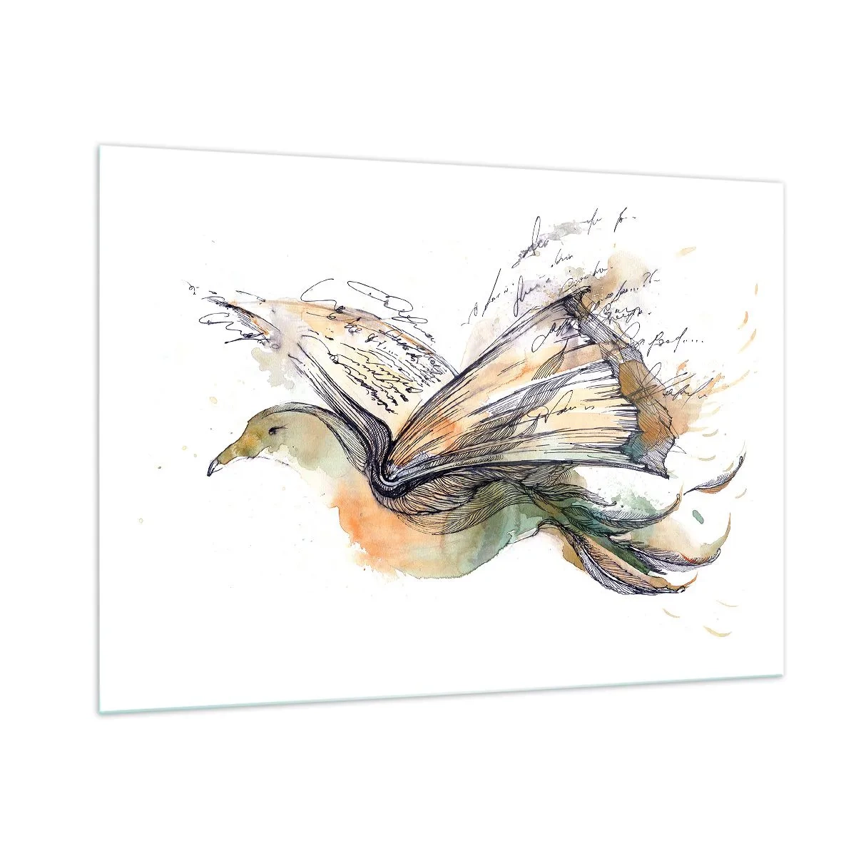 Quadro su vetro - Un uccello da un libro srotolato, una metafora artistica della conoscenza - 100x70cm - Sulle ali della poesia - Decorazione murale moderna per soggiorno e camera da letto ARTTOR
